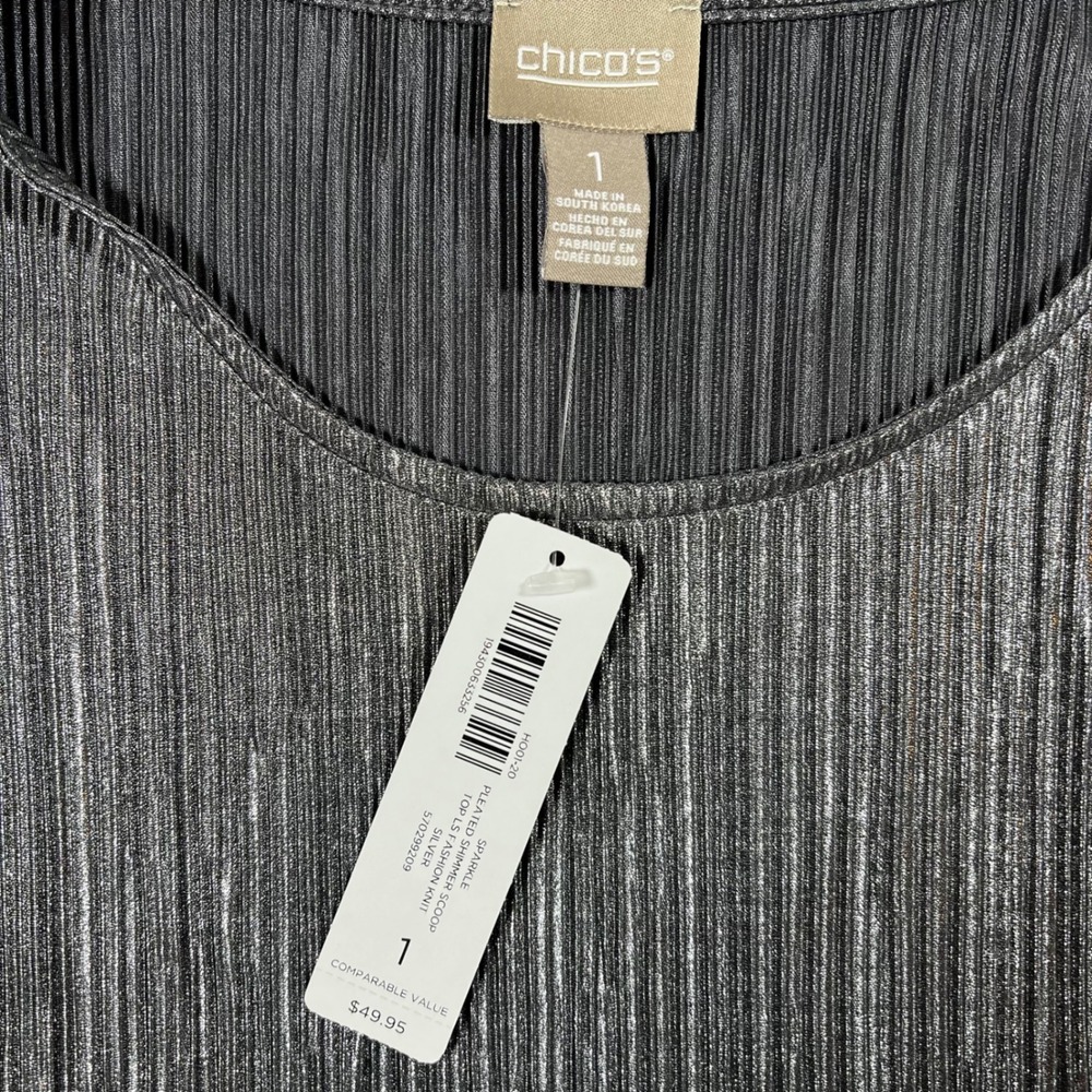 Chicos Pleated Sparkle Top LS Fashion Knit Silver Scoop Neck Bell Sleeve Size 1